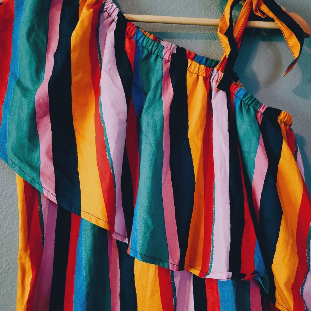 Colorful Striped Shift Ruffle Dress Small - Picture 6 of 8
